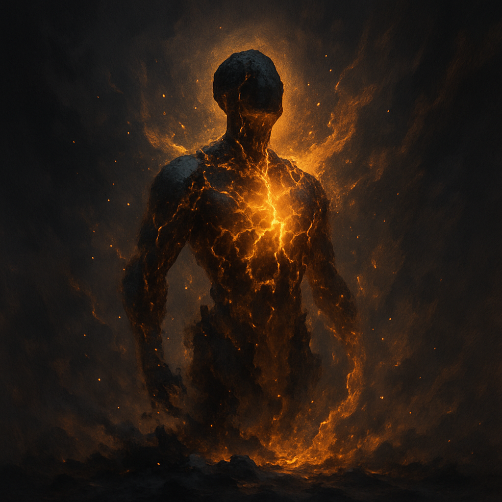 A dark, fractured figure rising from smoky ash, glowing with fiery golden light from within, symbolizing spiritual awakening and rebirth through destruction.