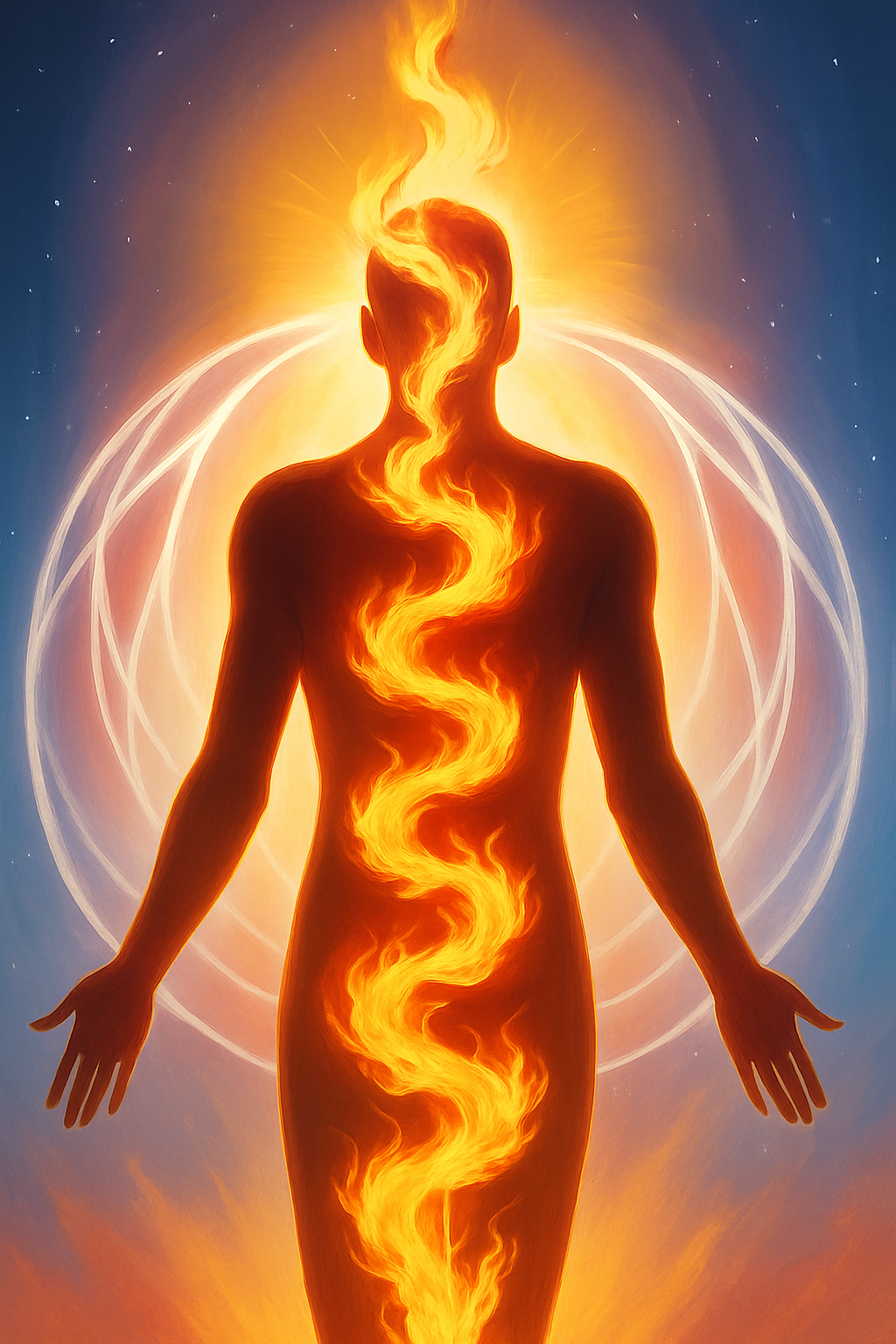 A glowing human silhouette with a fiery serpent of energy rising along the spine, symbolizing kundalini awakening ritual and spiritual activation.