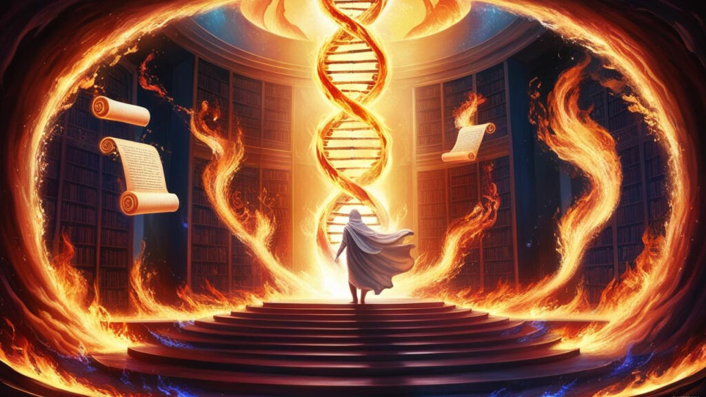 A glowing figure stands in a circular library of fire, facing a radiant DNA spiral of light, symbolizing spiritual awakening truth, soul memory, and activation.