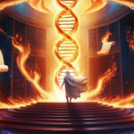 A glowing figure stands in a circular library of fire, facing a radiant DNA spiral of light, symbolizing spiritual awakening truth, soul memory, and activation.